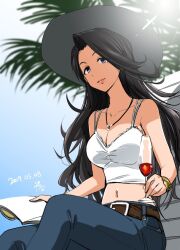 Rule 34 | 1girl, alcohol, belt, black hair, blue sky, book, breasts, brown belt, chair, champagne, champagne flute, cleavage, collarbone, cropped shirt, cup, dappled sunlight, denim, drinking glass, han nigo, hat, holding, holding book, holding cup, idolmaster, idolmaster cinderella girls, idolmaster cinderella girls starlight stage, jewelry, large breasts, long hair, looking at viewer, lounge chair, midriff, navel, necklace, open mouth, purple eyes, shirt, sitting, sky, solo, sunlight, takahashi reiko, white shirt, wine glass