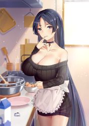 Rule 34 | 1girl, apron, bad perspective, bare shoulders, black choker, blue eyes, blue hair, breasts, chocolate, choker, cleavage, collarbone, cooking, dress, error dot, fate/grand order, fate (series), finger to mouth, frilled apron, frills, huge breasts, indoors, kitchen, long hair, looking at viewer, milk carton, minamoto no raikou (fate), no bra, off-shoulder, off-shoulder sweater, off shoulder, parted bangs, parted lips, ribbed sweater, smile, solo, sweater, sweater dress, valentine, very long hair, waist apron, white apron, window