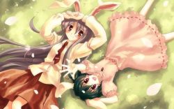 Rule 34 | 2girls, :d, animal ears, arms up, barefoot, black hair, blush, blush stickers, brown eyes, carrot, dress, feet, female focus, foreshortening, happy, inaba tewi, jewelry, long hair, lying, multiple girls, necktie, on back, open mouth, outstretched arm, pendant, petals, purple hair, rabbit ears, red necktie, reisen udongein inaba, rotational symmetry, short hair, skirt, smile, studio sdt, touhou, very long hair, yuuki tatsuya