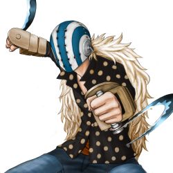 Rule 34 | 1boy, blonde hair, dual wielding, fighting stance, helmet, highres, holding, image sample, jimno, killer (one piece), male focus, mask, one piece, pirate, pixiv sample, polka dot, polka dot shirt, resized, sabaody archipelago, sash, shirt, simple background, solo, weapon