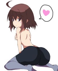 Rule 34 | 1girl, ahoge, ass, back, bike shorts, blush, breasts, brown hair, cameltoe, covering privates, covering breasts, embarrassed, linne, looking at viewer, medium breasts, purple eyes, short hair, solo, spoken heart, topless, under night in-birth