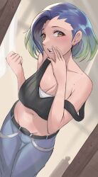Rule 34 | 1girl, absurdres, armpits, bare shoulders, bedroom, belt, blue hair, blush, breasts, brown eyes, calmgreentori, cleavage, clenched hand, collarbone, creatures (company), crop top, denim, earrings, eyelashes, female focus, fingernails, game freak, gradient hair, green hair, groin, hand to own mouth, hands up, highres, huge filesize, indoors, jeans, jewelry, large breasts, legs together, looking at viewer, looking to the side, medium hair, midriff, mole, mole on shoulder, multicolored hair, navel, neck, nintendo, no bra, off shoulder, open door, open mouth, pants, perrin (pokemon), pokemon, pokemon sv, shirt, sidelocks, sleeveless, sleeveless shirt, standing, surprised, swept bangs, two-tone hair