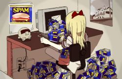 Rule 34 | 1girl, blonde hair, bow, bread, chair, cheese, female focus, food, indoors, monitor, office chair, red bow, school uniform, sitting, solo, spam (food), swivel chair