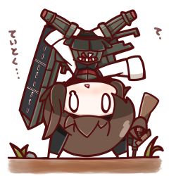 Rule 34 | 0 0, 10s, 1girl, brown hair, chibi, headgear, highres, kantai collection, machinery, nuu (nu-nyu), open mouth, short hair, sleeves past wrists, solo, stuck, taihou (kancolle), teardrop, tears, triangle mouth, turret, upside-down