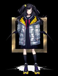 Rule 34 | 1girl, absurdres, bad id, bad twitter id, black background, black hair, black sailor collar, black skirt, black socks, choker, coat, english text, full body, hair ornament, highres, long hair, long sleeves, looking at viewer, middle finger, namakawa, off shoulder, original, pac-man, pac-man (game), pleated skirt, purple eyes, sailor collar, shadow, shoes, skirt, sleeves past wrists, smile, socks, solo, square, standing, winter clothes, winter coat
