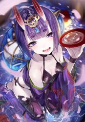 Rule 34 | 1girl, alcohol, blunt bangs, blurry, blush, breasts, commentary request, cup, depth of field, fangs, fate/grand order, fate (series), from above, holding, horns, japanese clothes, kimono, looking at viewer, nekometaru, oni, open mouth, petals, purple eyes, purple hair, revealing clothes, sakazuki, sake, seiza, shiny skin, short hair, shuten douji (fate), sitting, skin-covered horns, small breasts, smile, solo, water