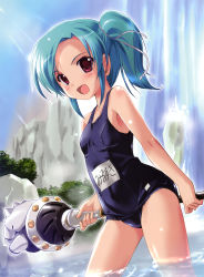 Rule 34 | 1girl, :d, absurdres, aqua hair, bare shoulders, blush, day, hair ribbon, highres, holding, komatsu eiji, looking at viewer, myrsky leanne, one-piece swimsuit, open mouth, original, ponytail, red eyes, ribbon, scan, school swimsuit, shiny skin, shirogane no cal to soukuu no joou, short hair, side ponytail, sky, smile, solo, staff, sunlight, swimsuit, wading, water, waterfall