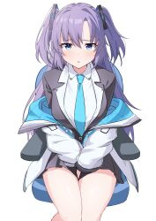 Rule 34 | 1girl, absurdres, black skirt, blue archive, blue necktie, collared shirt, feet out of frame, formal, hair between eyes, highres, jacket, long hair, looking at viewer, necktie, olecafe2, parted lips, pleated skirt, purple eyes, purple hair, shirt, simple background, skirt, solo, suit, two-sided fabric, two-sided jacket, two side up, white background, white jacket, yuuka (blue archive)