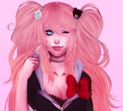 Rule 34 | 1girl, bear hair ornament, black choker, black shirt, blonde hair, blue eyes, bow, bowtie, breasts, choker, cleavage, danganronpa: trigger happy havoc, danganronpa (series), enoshima junko, eyebrows hidden by hair, fake nails, fingernails, hair ornament, junko-swagoshima, lipstick, long eyelashes, long fingernails, long hair, looking to the side, makeup, nail polish, necktie, neckwear request, nose, one eye closed, open mouth, pale skin, pink background, red bow, red lips, red nails, shirt, simple background, smile, teeth, twintails, upper body, wink
