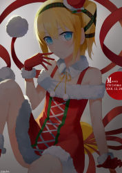 Rule 34 | 1girl, 2016, absurdres, akitaka akita, bare shoulders, blonde hair, blue eyes, blush, breasts, christmas, dated, detached collar, dress, edna (tales), fur-trimmed dress, fur-trimmed gloves, fur trim, gloves, highres, long hair, merry christmas, official alternate costume, red gloves, short twintails, signature, small breasts, smile, solo, tales of (series), tales of zestiria, thighs, twintails