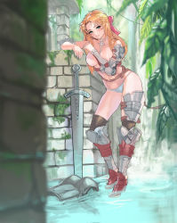 Rule 34 | 1girl, arm support, armor, armored boots, bikini armor, blonde hair, blurry, boots, breastplate, breasts, choker, cross, depth of field, eyelashes, fantasy, full body, greaves, green eyes, hair ribbon, highres, large breasts, long hair, looking at viewer, moss, navel, nipples, original, outdoors, panties, parted lips, rein00, ribbon, runes, smile, solo, standing, stone wall, sword, thighhighs, topfreedom, topless, underwear, vambraces, wall, warrior, water, weapon