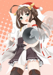 Rule 34 | 10s, 1girl, :d, ahoge, bad id, bad pixiv id, brown hair, detached sleeves, fang, from below, green eyes, hairband, hat, holding, kantai collection, kongou (kancolle), long hair, looking at viewer, nontraditional miko, open mouth, panties, pantyshot, pleated skirt, santa hat, shiina 2265, skirt, smile, solo, standing, thighhighs, tousaki shiina, underwear, zettai ryouiki