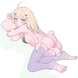 Rule 34 | 1girl, :o, ahoge, akamatsu kaede, alternate costume, barefoot, blonde hair, blush, breasts, commentary request, danganronpa (series), danganronpa v3: killing harmony, fake tail, feet, from side, full body, hair ornament, hairclip, long hair, long sleeves, looking at viewer, lying, open mouth, pillow, pink shorts, purple eyes, purple thighhighs, rabbit tail, short shorts, shorts, simple background, solo, tail, thighhighs, thighs, white background, zang li