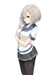 Rule 34 | 10s, 1girl, akiha (attract), bad id, bad pixiv id, black pantyhose, blue eyes, breasts, cowboy shot, gloves, hair ornament, hairclip, hamakaze (kancolle), kantai collection, large breasts, looking at viewer, miniskirt, pantyhose, school uniform, serafuku, short hair, silver hair, simple background, skirt, solo, white background, white gloves