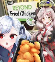 Rule 34 | 2girls, absurdres, beyond meat, blue archive, blue hair, breasts, brown hair, chicken (food), commentary request, crossover, english text, food, fried chicken, girls&#039; frontline, halo, highres, holding, holding tray, izumi (blue archive), kim annie, korean commentary, large breasts, meme, multiple girls, parody, photo background, pointing, red eyes, spas-12 (girls&#039; frontline), tray, two soyjaks pointing (meme), yellow eyes