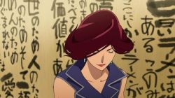 Rule 34 | 10s, 1girl, alternate hairstyle, animated, animated gif, armpits, blue eyes, earrings, gloves, hair down, japanese text, jewelry, long hair, lowres, no eyewear, red hair, red lips, scarlet (space dandy), sleeveless, space dandy, text focus