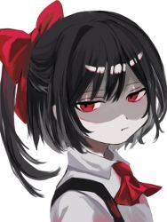 Rule 34 | 1girl, ascot, black hair, bow, closed mouth, collared shirt, cookie (touhou), expressionless, hair bow, hirunebu oekaki, looking at viewer, looking to the side, medium hair, ponytail, red ascot, red bow, red eyes, shaded face, shirt, simple background, siyudi (cookie), solo, suspenders, upper body, white background, white shirt