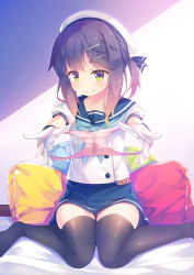 Rule 34 | 1girl, blue neckerchief, blue ribbon, blue skirt, blush, buttons, closed mouth, commentary request, gloves, gradient hair, hair between eyes, hair ornament, hairclip, hat, highres, holding, holding clothes, holding panties, holding underwear, kantai collection, looking at viewer, masaki kei, multicolored hair, neckerchief, on bed, orange hair, panties, pillow, pleated skirt, presenting removed panties, puffy short sleeves, puffy sleeves, purple eyes, purple hair, ribbon, sailor hat, school uniform, serafuku, short hair, short sleeves, sidelocks, sitting, skirt, smile, solo, stained panties, thighhighs, tsushima (kancolle), underwear, wariza, wet, wet clothes, wet panties, white gloves, white hat