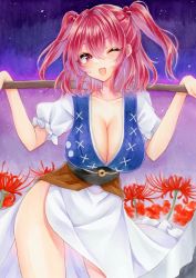 Rule 34 | 1girl, ;d, breasts, cleavage, coin, cowboy shot, flower, gradient background, hair bobbles, hair ornament, highres, holding, holding scythe, large breasts, looking at viewer, natsume nadeshiko, obi, one eye closed, onozuka komachi, open mouth, red eyes, red flower, red hair, sash, scythe, smile, solo, spider lily, standing, touhou, traditional media, two side up