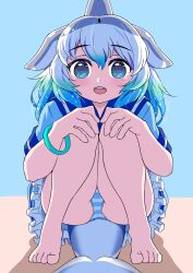 Rule 34 | 1girl, blowhole, blue eyes, blue hair, blush, cetacean tail, commentary, common bottlenose dolphin (kemono friends), dolphin girl, dorsal fin, dress, fins, fish tail, frills, grey hair, head fins, highres, kemono friends, looking at viewer, mamiyama, multicolored hair, open mouth, panties, sailor collar, short hair, short sleeves, smile, solo, squatting, striped clothes, striped panties, tail, underwear, white hair