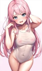 Rule 34 | 1girl, bang dream!, bang dream! it&#039;s mygo!!!!!, bare shoulders, blue eyes, blush, breasts, cameltoe, chihaya anon, cleft of venus, collarbone, covered erect nipples, covered navel, lambda (kusowarota), large breasts, long hair, looking at viewer, one-piece swimsuit, open mouth, pink hair, sidelocks, smile, solo, swimsuit, thighs, white one-piece swimsuit