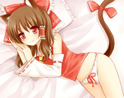 Rule 34 | 1girl, animal ears, ascot, bad id, bad pixiv id, bare shoulders, blush, bow, brown hair, cat ears, cat girl, cat tail, detached sleeves, female focus, hair bow, hair tubes, hakurei reimu, japanese clothes, kemonomimi mode, lying, miko, navel, nikoo, no pants, on side, panties, pillow, red eyes, ribbon, short hair, smile, solo, tail, touhou, underwear