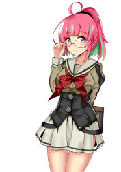 Rule 34 | 1girl, absurdres, adjusting eyewear, blouse, bow, bowtie, breasts, corset, cowboy shot, glasses, green hair, green shirt, grey sailor collar, grey skirt, highres, himura moritaka, juliet sleeves, kantai collection, large breasts, long sleeves, multicolored hair, note, notebook, pink-framed eyewear, pink hair, pleated skirt, ponytail, puffy sleeves, red bow, red eyes, sailor collar, sailor shirt, shirt, short hair, simple background, skirt, solo, streaked hair, ume (kancolle), white background