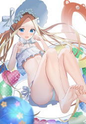 Rule 34 | 1girl, abigail williams (fate), abigail williams (swimsuit foreigner) (fate), abigail williams (swimsuit foreigner) (third ascension) (fate), bare shoulders, bikini, blonde hair, blue eyes, blush, bonnet, bow, breasts, fate/grand order, fate (series), feet, forehead, hair bow, highres, innertube, legs, long hair, looking at viewer, miniskirt, open mouth, parted bangs, sidelocks, simple background, skirt, small breasts, smile, soles, swim ring, swimsuit, toes, tsukise miwa, twintails, very long hair, white background, white bikini, white bow, white headwear