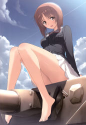 Rule 34 | 10s, 1girl, absurdres, bare legs, barefoot, breasts, brown eyes, brown hair, buttons, cloud, collared shirt, contrail, day, girls und panzer, highres, knees, knees up, legs, looking at viewer, medium breasts, military, military uniform, military vehicle, motor vehicle, nishizumi miho, ooarai military uniform, open mouth, panzer iv, panzer iv, pleated skirt, shirt, sitting, skirt, sky, smile, solo, tank, tank turret, thighs, toes, tony taka, uniform