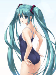Rule 34 | 1girl, adjusting clothes, adjusting swimsuit, aqua eyes, aqua hair, ass, bare shoulders, blue one-piece swimsuit, blue school swimsuit, competition school swimsuit, cowboy shot, from behind, hatsune miku, highres, long hair, looking at viewer, looking back, one-piece swimsuit, school swimsuit, simple background, solo, swimsuit, twintails, very long hair, vocaloid, wacchi, white background