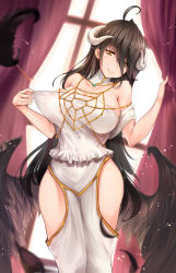 Rule 34 | 1girl, ahoge, albedo (overlord), bare shoulders, black feathers, black hair, black wings, breasts, cleavage, covered erect nipples, covered navel, curtains, demon girl, demon horns, demon wings, detached collar, dress, feathered wings, feathers, gloves, hair between eyes, head tilt, highres, hip focus, hip vent, horns, large breasts, long hair, looking at viewer, low wings, no bra, overlord (maruyama), rhineheim, see-through, slit pupils, smile, solo, very long hair, white dress, white gloves, wings, yellow eyes