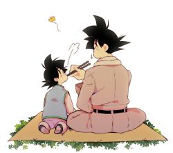Rule 34 | 10s, 2boys, puff of air, back turned, belt, blanket, bug, butterfly, child, chinese clothes, chopsticks, dragon ball, dragon ball super, dragonball z, eating, father and son, grass, insect, male focus, multiple boys, rochiko (bgl6751010), scarf, simple background, sitting, son goku, son goten, white background
