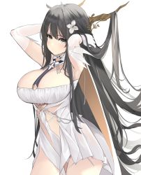 Rule 34 | 1girl, absurdly long hair, amazaki ria, armpits, arms behind head, arms up, azur lane, bad id, bad twitter id, black hair, blush, breasts, cleavage, dress, elbow gloves, flower, gloves, hair flower, hair ornament, highres, indomitable (azur lane), large breasts, long hair, looking at viewer, simple background, solo, thighs, very long hair, white background, white flower, white gloves