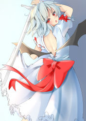 Rule 34 | 1girl, :o, absurdres, alternate weapon, arm behind head, arms up, backless dress, backless outfit, bat wings, blue background, blue hair, bow, clothes lift, commentary request, cropped legs, dress, frilled skirt, frills, from behind, gradient background, highres, holding, holding sword, holding weapon, lifting own clothes, light blue hair, looking at viewer, looking back, partial commentary, puffy short sleeves, puffy sleeves, red bow, red eyes, remilia scarlet, rin (pzky), shaft look, short hair, short sleeves, skirt, skirt lift, sleeve ribbon, solo, standing, sword, touhou, weapon, white dress, wings