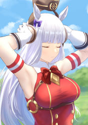 Rule 34 | 1girl, absurdres, animal ears, armpits, arms up, blue sky, blunt bangs, bow, bowtie, brown headwear, closed eyes, closed mouth, cloud, ear covers, ear ribbon, gold ship (umamusume), grey hair, highres, horse ears, horse girl, long hair, okuma707, outdoors, pillbox hat, purple bow, red bow, red bowtie, red shirt, shirt, sky, sleeveless, sleeveless shirt, solo, umamusume, upper body
