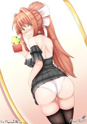 Rule 34 | 1girl, ass, aster-effect, bare shoulders, blush, bow, breasts, brown hair, cellphone, doki doki literature club, dress, embarrassed, from behind, green eyes, hair bow, highres, large breasts, long hair, looking back, mirror, monika (doki doki literature club), nail polish, panties, phone, ponytail, reflection, selfie, shiny skin, sideboob, solo, tears, thighhighs, underwear, very long hair, wavy mouth