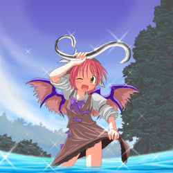 Rule 34 | 1girl, blush, day, des (namaasi), eel, female focus, gradient background, mystia lorelei, nature, one eye closed, open mouth, outdoors, plant, ribbon, skirt, sky, solo, touhou, tree, water, wings, wink, yellow eyes
