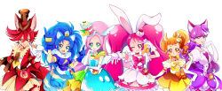 Rule 34 | 6+girls, ;q, \n/, absurdres, animal ears, aqua eyes, arisugawa himari, blue dress, blue eyes, blue gloves, blue hair, cat ears, cat tail, chocolate, choker, closed mouth, cure chocolat, cure custard, cure gelato, cure macaron, cure parfait, cure whip, custard, dog ears, dog tail, double \n/, dress, earrings, elbow gloves, extra ears, fang, food, food-themed clothes, food-themed hair ornament, frilled dress, frills, gloves, hair ornament, hand on own hip, hat, highres, jacket, jewelry, kenjou akira, kirahoshi ciel, kirakira precure a la mode, kotozume yukari, lion ears, lion tail, long hair, looking at viewer, macaron, magical girl, medium dress, mitsuki tayura, multiple girls, one eye closed, open mouth, orange eyes, orange hair, parfait, parted bangs, pink dress, pink eyes, pink hair, pouch, precure, puffy short sleeves, puffy sleeves, purple choker, purple dress, purple eyes, purple hair, rabbit ears, rabbit tail, reaching, reaching towards viewer, red eyes, red hair, red jacket, short dress, short hair, short sleeves, side-by-side, side ponytail, simple background, smile, squirrel ears, squirrel tail, standing, tail, tategami aoi, tongue, tongue out, top hat, twintails, usami ichika, v, v over eye, very long hair, white background, white gloves, wide ponytail