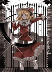 Rule 34 | 1girl, ;), bat (animal), black eyes, black ribbon, blonde hair, closed mouth, dress, e.o., elly (touhou), full body, gate, glint, hat, hat ribbon, highres, holding, holding weapon, long sleeves, looking at viewer, neck ribbon, one eye closed, over shoulder, red dress, red ribbon, ribbon, scythe, short hair, smile, solo, standing, touhou, touhou (pc-98), weapon, weapon over shoulder, white hat