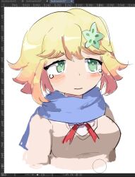 Rule 34 | amapy, blonde hair, blue scarf, clip studio paint, flower, gabriel dropout, green eyes, green flower, hair flower, hair ornament, long scarf, scarf, tapris chisaki sugarbell, tears, white background