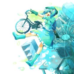 Rule 34 | 1girl, backpack, bad id, bad pixiv id, bag, bicycle, blue eyes, blue hair, boots, chair, female focus, gloves, hat, jugem, kawashiro nitori, matching hair/eyes, randoseru, short hair, solo, table, touhou, twintails, two side up