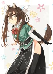 Rule 34 | 10s, 1girl, animal ears, black thighhighs, brown eyes, brown hair, elbow gloves, gloves, kantai collection, no panties, single glove, single thighhigh, solo, tail, thighhighs, tone (kancolle), twintails, umino mokuzu (shizumisou), wolf ears, wolf tail