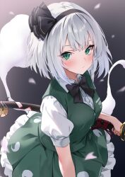 Rule 34 | 1girl, black bow, black bowtie, black hairband, bow, bowtie, closed mouth, collared shirt, commentary request, dark background, expressionless, frilled skirt, frills, green eyes, green skirt, green vest, grey hair, hairband, highres, holding, holding sword, holding weapon, katana, konpaku youmu, konpaku youmu (ghost), looking at viewer, marisasu (marisa0904), puffy short sleeves, puffy sleeves, scabbard, sheath, shirt, short hair, short sleeves, simple background, skirt, solo, sword, touhou, triangular headpiece, vest, weapon, white shirt