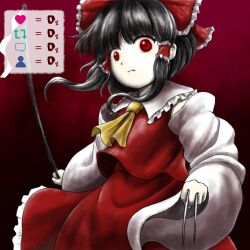 Rule 34 | 1girl, ascot, black hair, bow, closed mouth, commentary request, detached sleeves, frilled bow, frilled hair tubes, frilled shirt collar, frilled skirt, frills, gohei, hair bow, hair tubes, hakurei reimu, highres, holding, holding gohei, holding needle, holding weapon, long sleeves, medium hair, meme, needle, official style, pale skin, parasite oyatsu, red background, red bow, red eyes, red skirt, red vest, sidelocks, skirt, skirt set, solo, throwing needles, touhou, twitter strip game (meme), upper body, vest, weapon, white sleeves, wide sleeves, yellow ascot, zun (style)