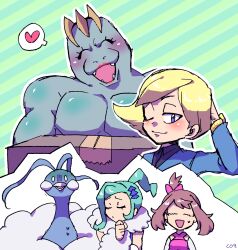 Rule 34 | 1boy, 2girls, altaria, blonde hair, chaz (pokemon), closed eyes, cozqqq, creatures (company), game freak, gen 1 pokemon, gen 3 pokemon, green hair, heart, lisia (pokemon), looking at viewer, machoke, may (pokemon), multiple girls, nintendo, one eye closed, pokemon, pokemon (creature), pokemon oras, red lips, shaded face, signature, striped background, sweat, watch, wristwatch