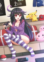 Rule 34 | 1girl, black hair, breasts, character doll, cleavage, commission, controller, creatures (company), fang, game console, game freak, gen 1 pokemon, hat, highres, holding, hood, hooded jacket, indoors, jacket, kazenokaze, large breasts, long hair, long sleeves, looking at viewer, mario (series), mizushima aoi (original), nintendo, nintendo switch, no bra, no shoes, open mouth, original, pikachu, poke ball, pokemon, pokemon (creature), poster (object), purple jacket, purple thighhighs, red eyes, smile, solo, striped clothes, striped thighhighs, the elder scrolls, the elder scrolls v: skyrim, the legend of zelda, the legend of zelda: breath of the wild, thighhighs, thighs, very long hair, white thighhighs