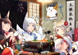 Rule 34 | 5girls, :d, akagi (azur lane), akagi (plum and snow) (azur lane), akashi (azur lane), animal ear fluff, animal ears, antenna hair, artist request, azur lane, bad id, bad pixiv id, bare shoulders, black gloves, black hair, black kimono, blue eyes, blunt bangs, blush, bowl, breasts, cheek poking, chinese commentary, choker, cleavage, closed eyes, closed mouth, closed umbrella, coat, collarbone, commentary request, cup, drinking glass, eyeliner, eyeshadow, flower, food, fox ears, fox girl, fox mask, fox tail, fur-trimmed coat, fur trim, gloves, hair flower, hair ornament, headgear, highres, indoors, japanese clothes, kaga (azur lane), kaga (white fox&#039;s new year) (azur lane), kimono, kitsune, kotatsu, large breasts, long hair, long sleeves, makeup, mask, mask on head, multicolored hair, multiple girls, multiple tails, mushroom, nabe, nail polish, night, night sky, off shoulder, one eye closed, open mouth, parted lips, partially fingerless gloves, poking, portable stove, prinz eugen (azur lane), prinz eugen (profusion of flowers) (azur lane), red choker, red flower, red hair, red kimono, red nails, short eyebrows, short hair, shouji, sidelocks, signature, sky, sliding doors, smile, streaked hair, table, tail, tears, thick eyebrows, umbrella, wavy mouth, white gloves, white hair, white kimono, wide sleeves, wolf ears, wolf girl, yuudachi (azur lane), yuudachi (shogun of snowballs) (azur lane)