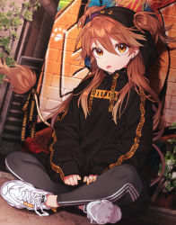 Rule 34 | 1girl, ahoge, black choker, black hoodie, black pants, blurry, brick wall, brown hair, character name, choker, clothes writing, commentary request, drawstring, ear piercing, earrings, graffiti, hair between eyes, hair through headwear, highres, hood, hoodie, indian style, jewelry, lion tail, long hair, long sleeves, looking at viewer, nail polish, orange eyes, orange nails, outdoors, pants, piercing, plant, puffy sleeves, re:act, ribbon, sakura yuki (clochette), shishigami leona, shoes, sitting, sneakers, solo, starry sky print, tail, tail ornament, tail ribbon, tongue, tongue out, two side up, virtual youtuber, white footwear