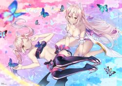 Rule 34 | 2girls, aisha landar, animal ears, bad id, bad pixiv id, bandeau, bare shoulders, barefoot, blush, boots, breasts, bug, butterfly, cat, cat ears, cleavage, closed mouth, cross, dress, elsword, eve (elsword), facial mark, forehead jewel, full body, insect, large breasts, long hair, looking at viewer, lying, medium breasts, multiple girls, navel, on side, one eye closed, pinb, pink hair, ripples, sidelocks, sitting, smile, stomach, strapless, strapless dress, thigh boots, thighhighs, thighs, very long hair, wariza, wet, yellow eyes