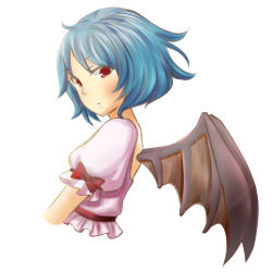 Rule 34 | 1girl, bad id, bad pixiv id, bat wings, blue hair, dress, ellipsis (mitei), expressionless, no headwear, puffy short sleeves, puffy sleeves, red eyes, remilia scarlet, short hair, short sleeves, simple background, solo, touhou, white background, wings